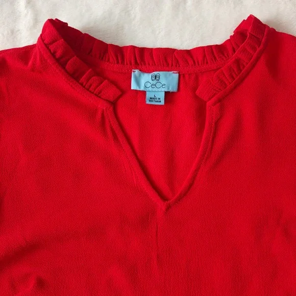 CeCe Womens V Neck Ruffle Collar Red Bell Flare Long Sleeve Holiday Blouse Large - Picture 7 of 8